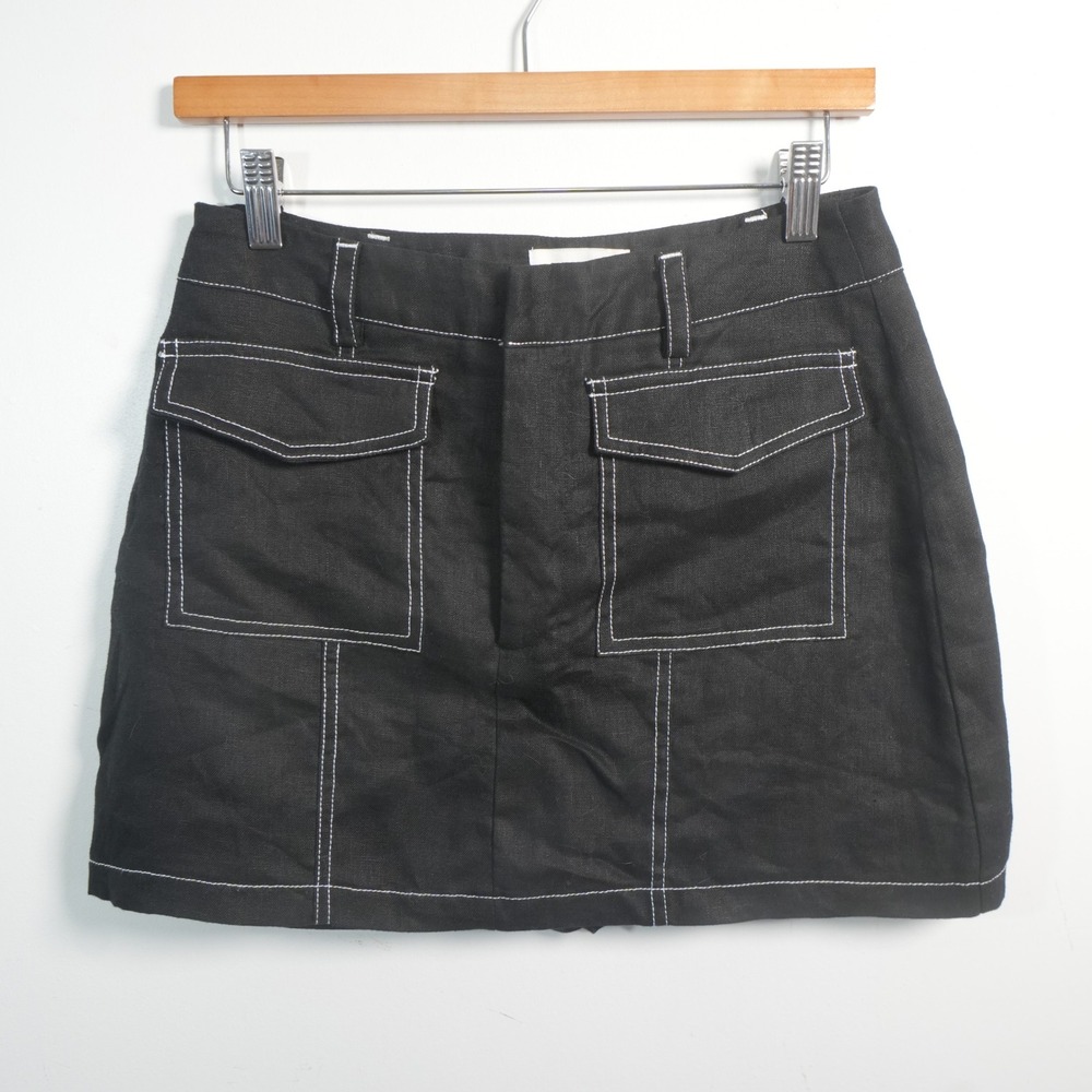 DISSH Linen Mini Skirt Womens 6 Black Contrast Stitch Utility Cargo High Rise